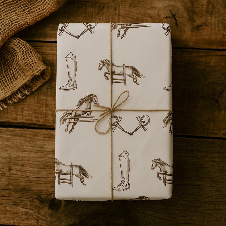 Equestrian Wrapping Paper Showjumping Horse Gift Wrap Sheet Rider Birthday or Horse Lover Packaging Rustic Equestrian Party Decor