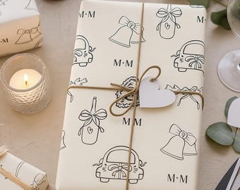 Personalized Wedding Gift Wrap Custom Engagement Wrapping Paper Doodle Drawing Style Couple Initial Present Wrap Bridal Shower Packaging