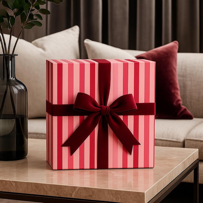 May include: A square gift box featuring a vertical striped pattern in alternating shades of light pink and dark pink. The box is wrapped with a wide, dark red velvet ribbon tied into a prominent bow centred on the front face of the package.