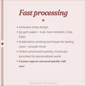 May include: A light pink informational graphic with dark red text titled Fast processing. It lists features: exclusive shop design, 95 gsm paper, sublimation printing, quick order processing with mockups, and custom requests. Designed in New Orleans.