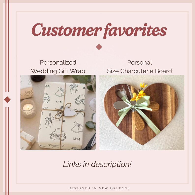 May include: Image featuring two customer favorites: Personalized Wedding Gift Wrap and a Personal Size Charcuterie Board. The gift wrap is white with wedding-themed illustrations. The charcuterie board is heart-shaped, made of wood, and includes serving utensils.