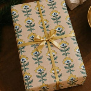Block Print Floral Wrapping Paper Elegant Designer Gift Wrap with Artisan Style Pattern Luxury Packaging for Wedding Birthday Special Gift image 1