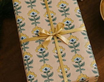 Block Print Floral Wrapping Paper Elegant Designer Gift Wrap with Artisan Style Pattern Luxury Packaging for Wedding Birthday Special Gift