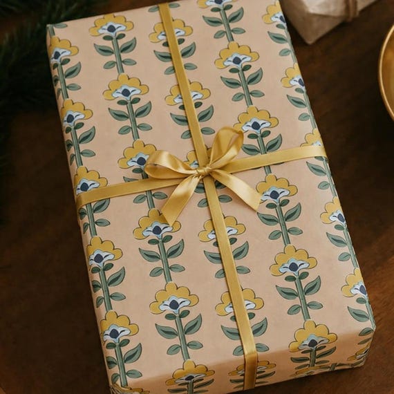 Block Print Floral Wrapping Paper Elegant Designer Gift Wrap with Artisan Style Pattern Luxury Packaging for Wedding Birthday Special Gift