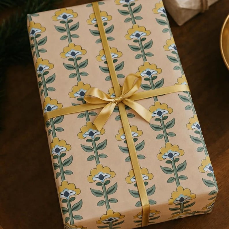 Block Print Floral Wrapping Paper Elegant Designer Gift Wrap with Artisan Style Pattern Luxury Packaging for Wedding Birthday Special Gift image 1