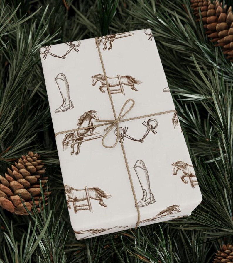 Equestrian Wrapping Paper Showjumping Horse Gift Wrap Sheet Rider Birthday or Horse Lover Packaging Rustic Equestrian Party Decor image 2