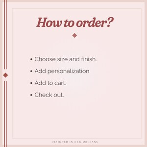 May include: A square informational graphic with a light pink background and dark red text. The heading reads How to order? followed by a list: Choose size and finish, Add personalisation, Add to cart, and Check out. The bottom text reads DESIGNED IN NEW ORLEANS.