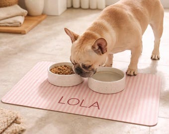 Comedero para perros personalizado con rayas rosas, resistente al agua y antideslizante.