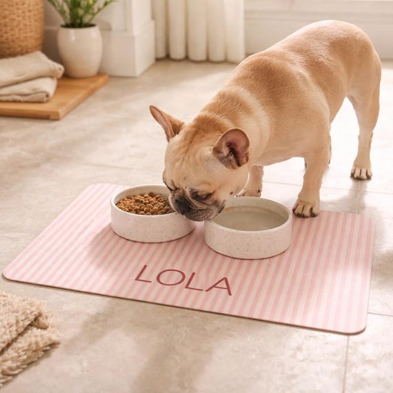 Dog Feeding Station Personalized Dog Mats for Food Bowls with Pink Stripes Water Resistant and Non Slip