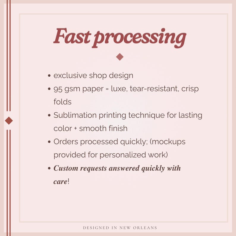 May include: A light pink graphic with the words "Fast processing" in a burgundy script. Bullet points highlight exclusive shop design, 95 gsm paper, sublimation printing, quick order processing, and custom request handling. The text "DESIGNED IN NEW ORLEANS" is at the bottom.
