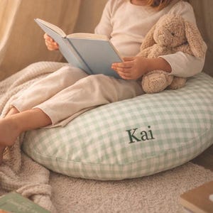Personalized Round Floor Pillow Gingham Custom Name Round Pouf Pillow Farmhouse Style Seating Kids Room or Home Décor Gift