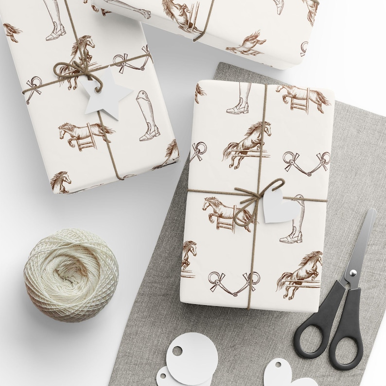 Showjumping horse gift wrap, rustic equestrian wrapping paper for birthdays, parties, or barn events.