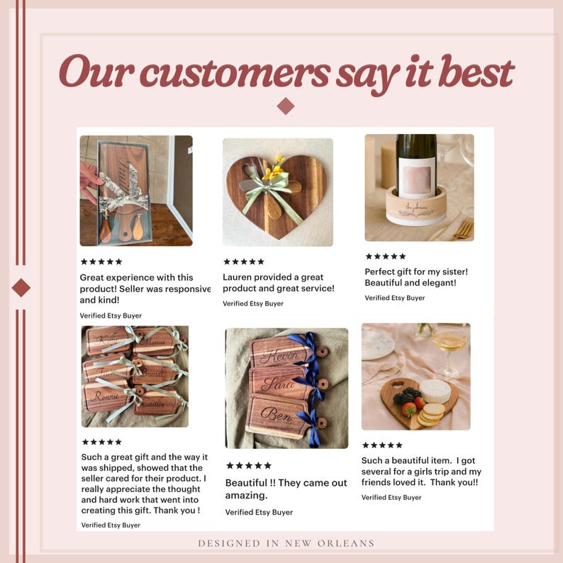 May include: Image showcasing customer reviews for various wooden products. Featured items include a wooden serving board, heart-shaped cutting board, wine bottle holder, and personalized name tags. The text "Our customers say it best" is displayed at the top.