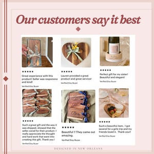 Pu&ograve; includere: Un collage di recensioni dei clienti che mostra vari prodotti in legno. L'immagine presenta un tagliere in legno, un tagliere a forma di cuore con utensili, un portabottiglie e targhette personalizzate. Il testo "Our customers say it best" &egrave; in alto.