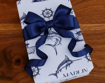 Personalized Marlin Fishing Wrapping Paper Custom Name Gift Wrap Nautical Birthday Paper Father’s Day Fishing Gift Wrap Fisherman Packaging