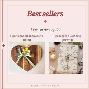 K&ouml;nnte beinhalten: Eine Grafik mit dem Text Best sellers und Links in description. Sie zeigt ein herzf&ouml;rmiges Holzbrett mit einem Metallmesser, das mit einem gr&uuml;nen Band und gelben Blumen verziert ist, sowie personalisiertes Hochzeitsgeschenkpapier mit Auto-Symbolen.