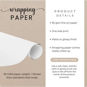 K&ouml;nnte beinhalten: Produktinformationsgrafik f&uuml;r Geschenkpapier auf beigem Hintergrund. Der Text enth&auml;lt: wrapping PAPER, PRODUCT DETAILS, 90 gsm fine art paper, One side print, Matte or glossy finish, Wrapping paper comes neatly rolled up, 95 GSM paper weight.