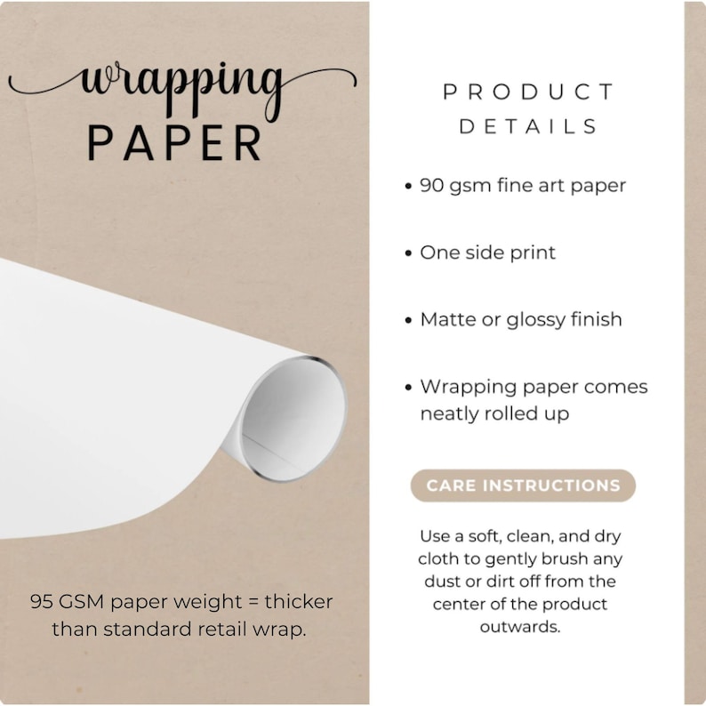 K&ouml;nnte beinhalten: Produktinformationsgrafik f&uuml;r Geschenkpapier auf beigem Hintergrund. Der Text enth&auml;lt: wrapping PAPER, PRODUCT DETAILS, 90 gsm fine art paper, One side print, Matte or glossy finish, Wrapping paper comes neatly rolled up, 95 GSM paper weight.