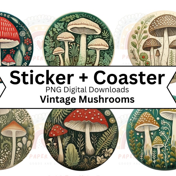 Car Coaster Sublimation and Sticker Designs | Vintage Mushrooms | Folk Art / Boho Illustrations | Digital Download | Transparent PNG