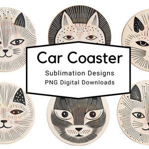 Katzen-Auto-Untersetzer-Sublimationsaufkleber und Basteldateien Schwarzweiß-PNG Boho-Katzen mit transparenten Hintergründen
