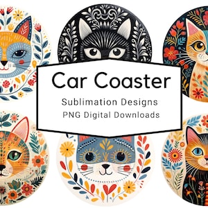 Adesivo de sublimação para porta-copos de carro de gato, ímã e arquivos de artesanato PNG Gatos boho com fundos transparentes