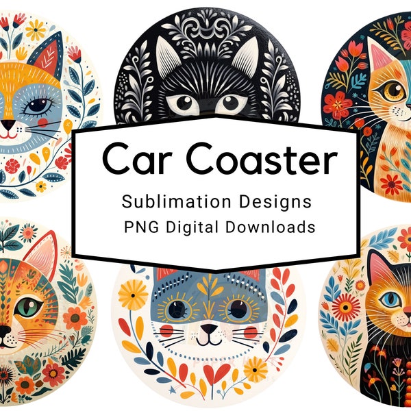 Cat Car Coaster Sublimation Sticker and Craft files PNG Boho Cats with Transparent Backgrounds