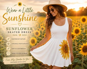Sunflower Skater Dress,Floral Summer Dress,Botanical Dress for Women,Nature Lover Dress,Cottagecore Outfit,Garden Party Dress,Sunflower gift