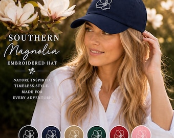 Magnolia Embroidered Hat, Southern Magnolia Baseball Cap, Botanical Hat, Nature Lover Gift, Floral Dad Hat, Garden Hat, Hiking Cap, Minimali