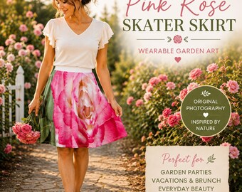 Pink Rose Skater Skirt,Floral Skirt for Women,Garden Party Skirt,Botanical Summer Skirt,Cottagecore Clothing,Nature Lover Gift,Twirl Skirt