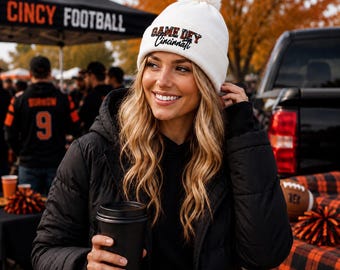 Cincinnati Football Game Day Beanie, White Pom Pom Hat, Orange Black Tiger Stripe Cincinnati Fan Gift, Cincy Football Winter Hat, whiteout