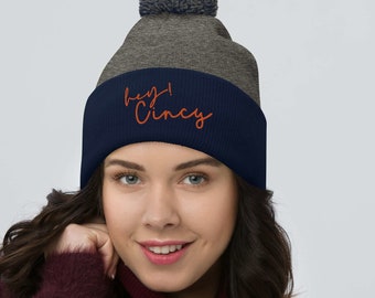 CINCINNATI Soccer sports  fans Pom-Pom Beanie, graphic  "Hey Cincy" embroidered hat, cap,cincy sports  fan winter hat,cold weather clothing