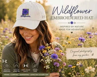 Wildflower Embroidered Under Armour Hat, Bachelor’s Button Cap, Nature Lover Hat, Hiking Cap, Bee Lover Gift, Botanical Baseball Cap,