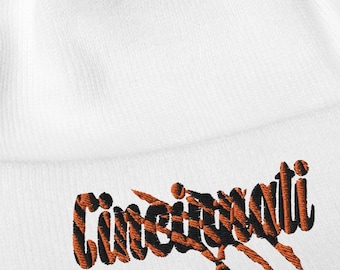 Cincinnati football embroidered White Pom Pom beanie, Graphic Cincinnat in tiger stripe letters hat, gift for Cincinnati football fan cap