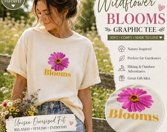 Organic Wildflower Zinnia oversized T-Shirt,Nature Lover Graphic Tee, Botanical Floral Shirt,Cottagecore Hiking Shirt,Gardener Gift,Camping