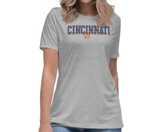 Cincinnati soccer Tee,FCC Women's  fun graphic T-Shirt, cincy soccer fan top, orang&blue unique clothing,cotton preshrunk white tshirt.