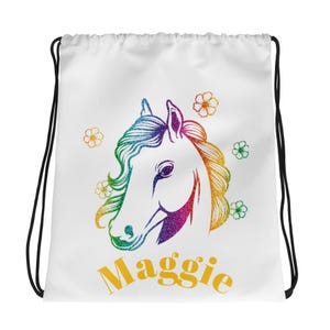 Personalisierte benutzerdefinierte Sommer Camp Club Kinder schwimmen Kordelzug Aktivitätstasche Bekleidung Fitnessstudio Reisekoffer Rawstring Tasche, Regenbogen Pony Gänseblümchen Blume