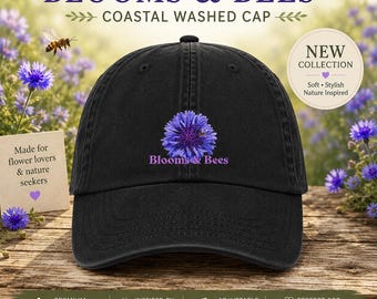Blooms & Bees Baseball Cap, Floral Bee Hat, Botanical Washed Cap, Garden Lover Gift, Pollinator Hat, Nature Lover Cap, Wildflower Hat, Unise