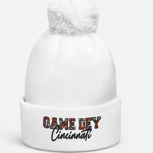 Cincinnati football White  Embroidered Game Dey Pom pom beanie, graphic Cincinnati black orange tiger stripe gift for Cincinnati sports fan