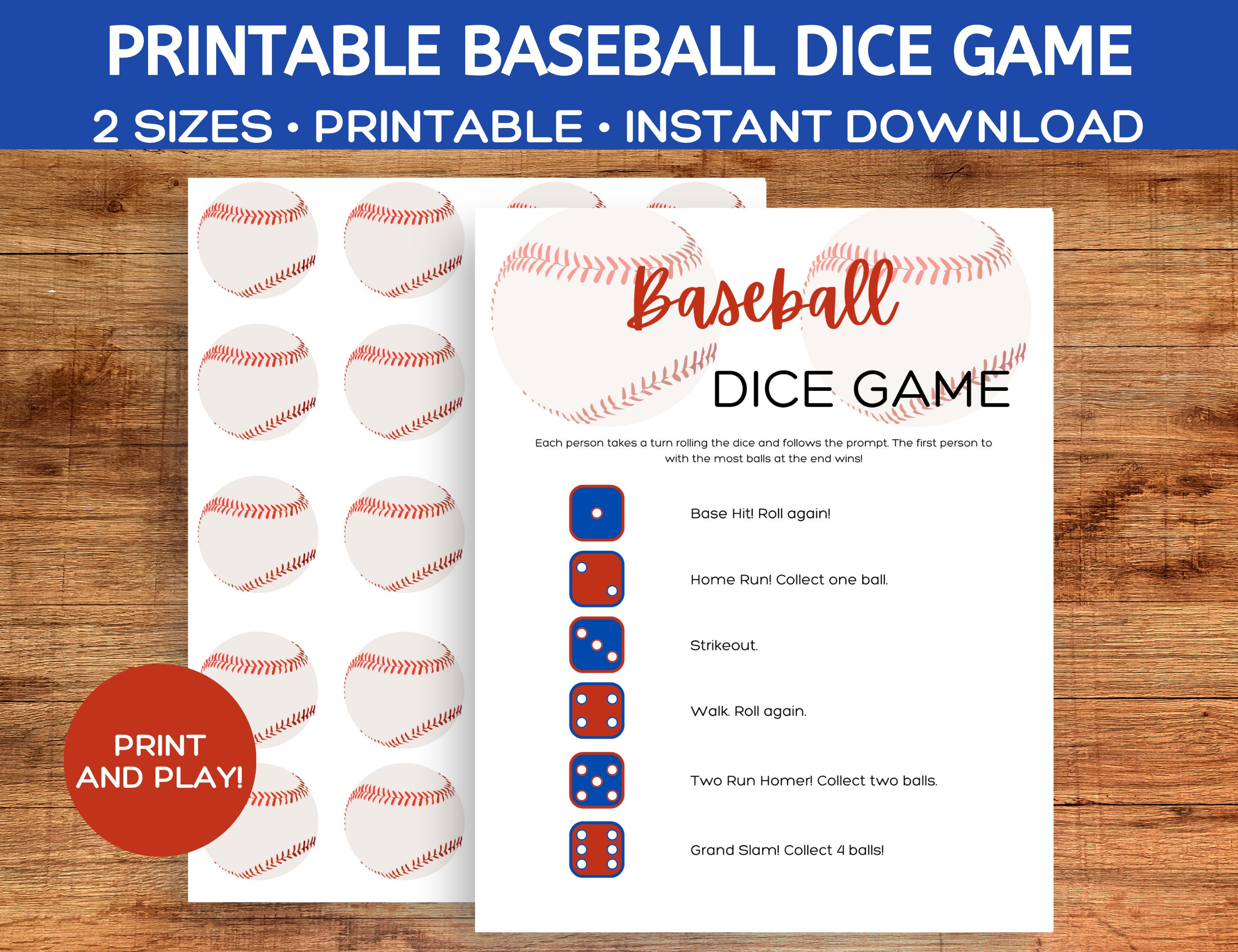 Printable Baseball Dice Game, Baseball Party Activity, Baseball