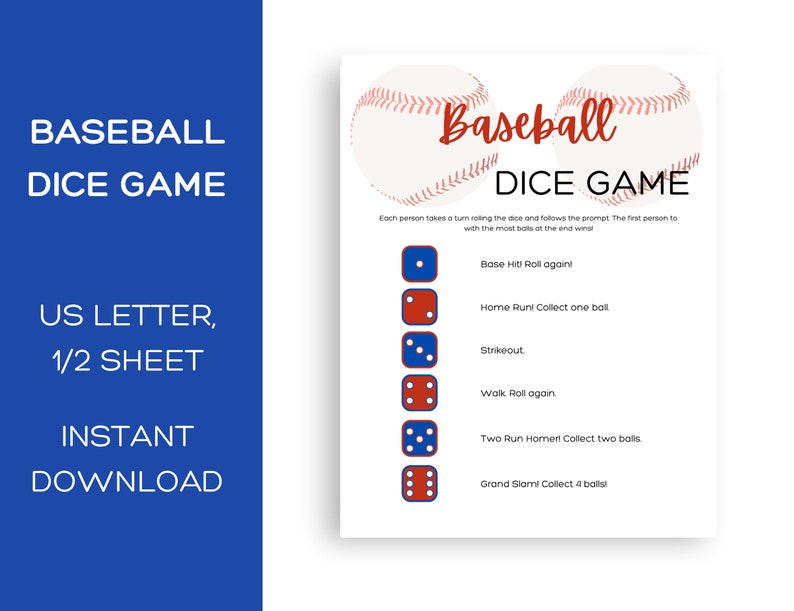 Printable Baseball Dice Game, Baseball Party Activity, Baseball