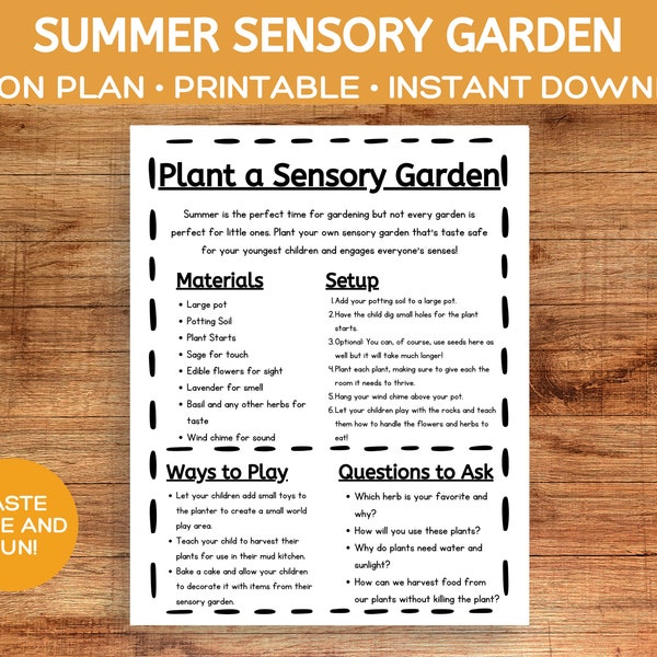 Sensory Garden Lesson Plan, Garden Planner Printable, Kids Gardening, Garden Planners for Beginners, Container Garden Plans, Summer Activity