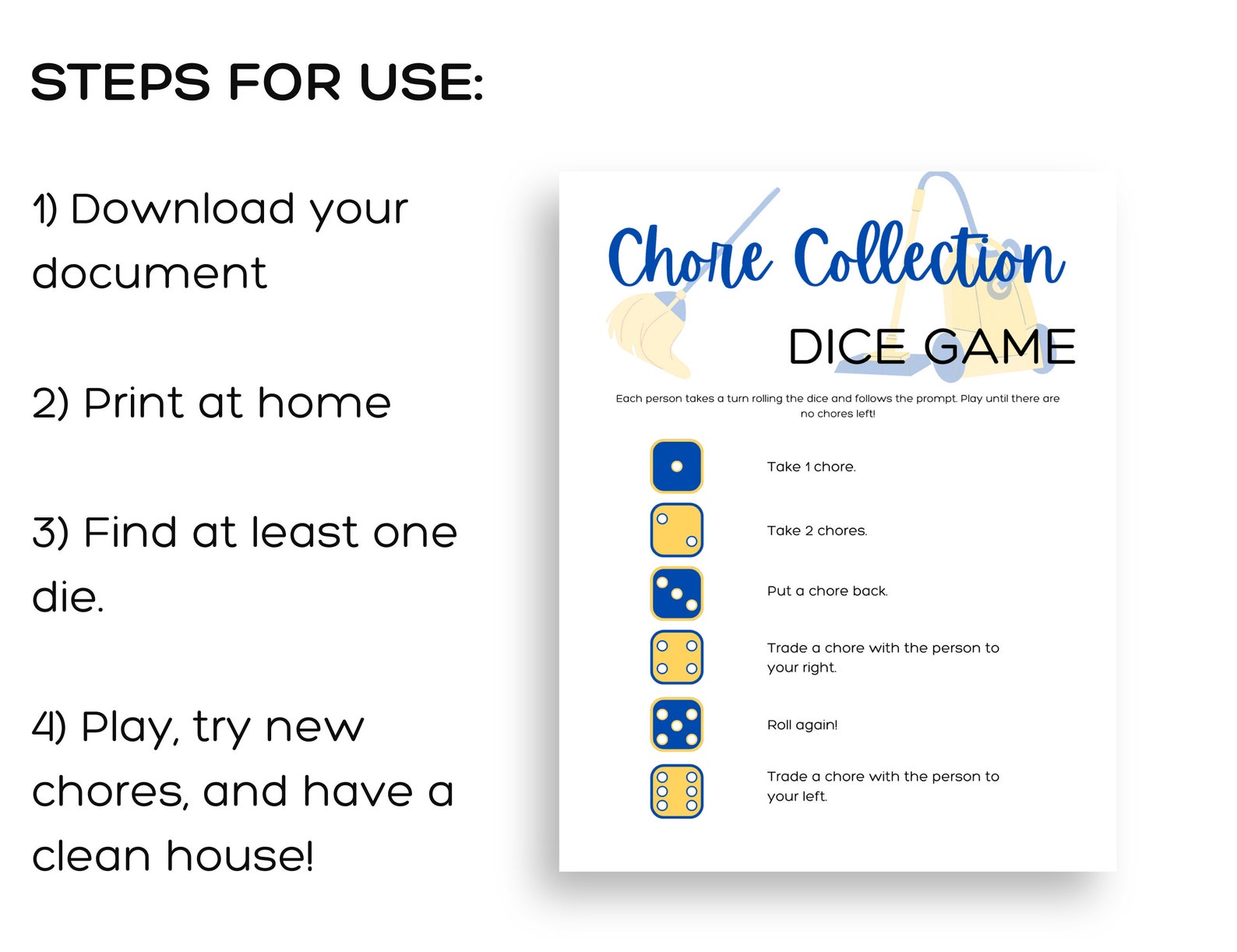 Chore Collection Dice Game Printable, Chore Chart for Kids, Family ...