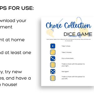 Chore Collection Dice Game Printable, Chore Chart for Kids, Family ...