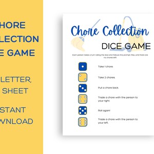 Chore Collection Dice Game Printable, Chore Chart for Kids, Family ...