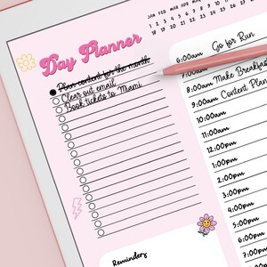 May include: A pink digital planner with a checklist and a daily schedule. The planner has a cute flower and lightning bolt design. The text on the planner says "Day Planner" and "Plan content for the month".