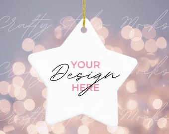 Christmas Ornament Mockup, Printify Christmas Star Ornament Mockup, White Star Ceramic Ornament,  Gold String Ornament Mockup