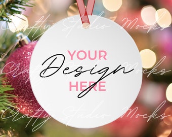 Christmas Ornament Mockup, Printify Christmas Round Ornament Mockup, White Round Ceramic Ornament,  Red String Ornament Mockup