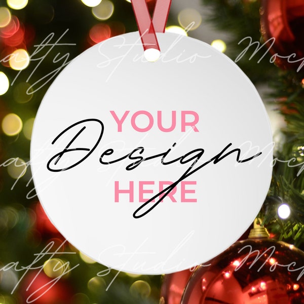 Christmas Ornament Mockup, Printify Christmas Round Ornament Mockup, White Round Ceramic Ornament,  Red String Ornament Mockup,