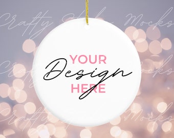 Christmas Ornament Mockup, Printify Christmas Round Ornament Mockup, White Round Ceramic Ornament,  Gold String Ornament Mockup