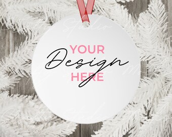 Christmas Ornament Mockup, Printify Christmas Round Ornament Mockup, White Round Ceramic Ornament,  Red String Ornament Mockup,